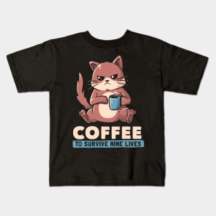 Coffee To Survive Nine Lives Funny Cute Cat Kids T-Shirt